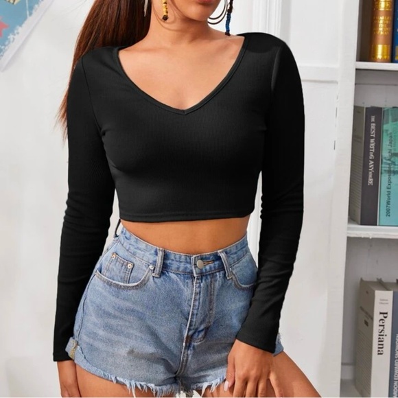 Shein Black V-Neck Tied Open Back Crop Top - Picture 2 of 5